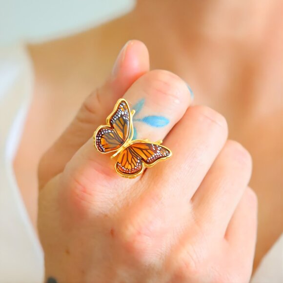 Baltic Amber Gold Butterfly Ring- 14k Gold Plated S925 - Picture 4 of 7
